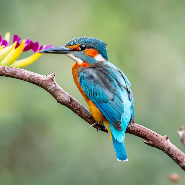 Een vogel met een gele kop en rode veren zit op een tak met een bloem op de achtergrond