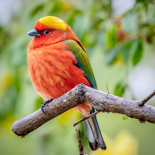 Een vogel met een gele kop en rode veren zit op een tak met een bloem op de achtergrond