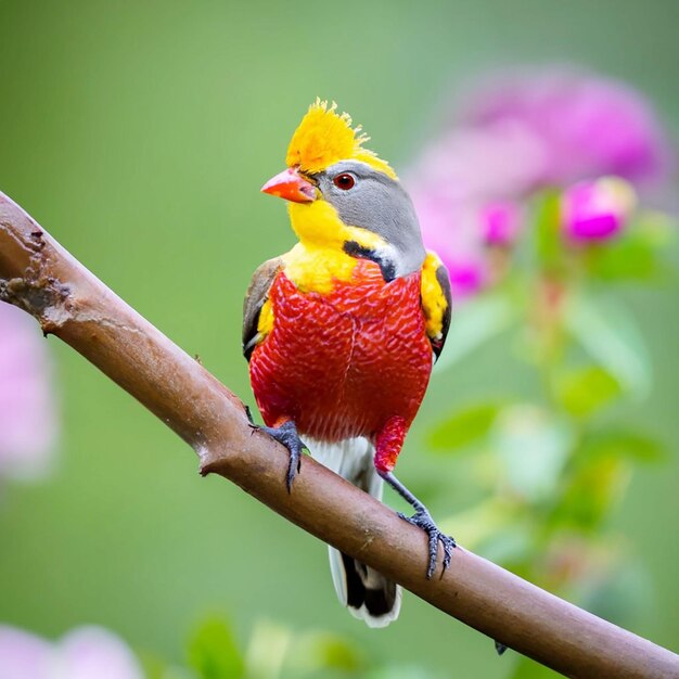 Een vogel met een gele kop en rode veren zit op een tak met een bloem op de achtergrond