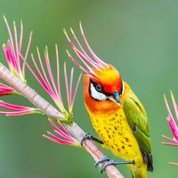 PSD een vogel met een gele kop en rode veren zit op een tak met een bloem op de achtergrond