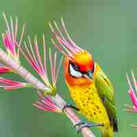 PSD een vogel met een gele kop en rode veren zit op een tak met een bloem op de achtergrond