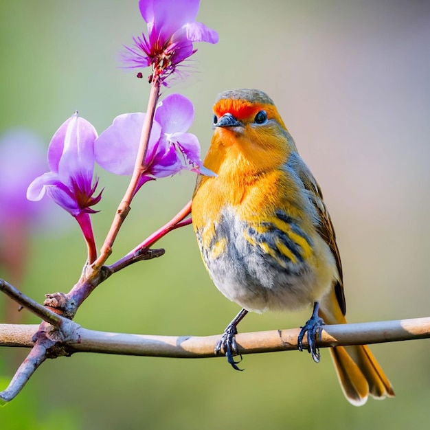 PSD een vogel met een gele kop en rode veren zit op een tak met een bloem op de achtergrond