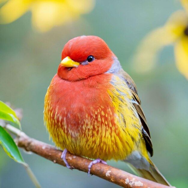 PSD een vogel met een gele kop en rode veren zit op een tak met een bloem op de achtergrond