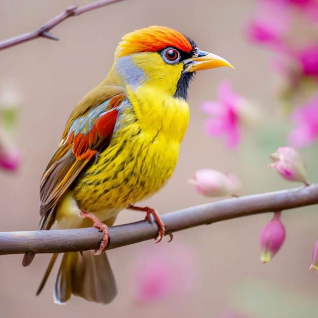 PSD een vogel met een gele kop en rode veren zit op een tak met een bloem op de achtergrond