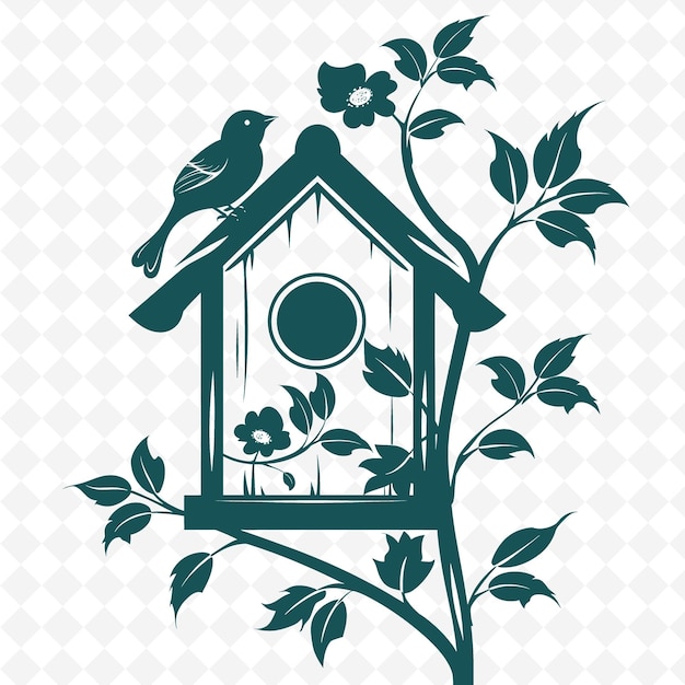 PSD een vogelhuis op een tak met bloemen en een vogel erop