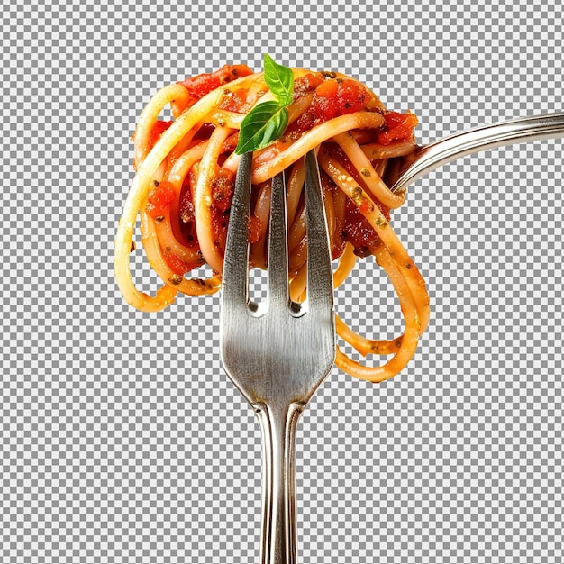 Een vork met een perfect gedraaide strook spaghetti geïsoleerd op een witte achtergrond