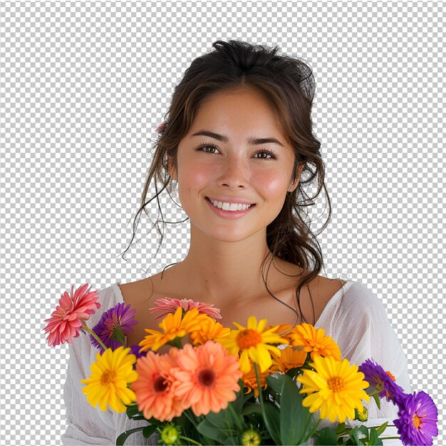 PSD een vrouw die een boeket bloemen vasthoudt en een witte achtergrond met een foto van een vrouw met een boeket