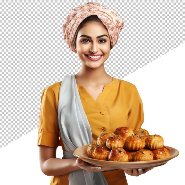 PSD een vrouw die een dienblad met gebak met een witte achtergrond vasthoudt