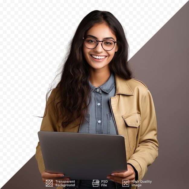 Een vrouw die een laptop vasthoudt en een bordje met de tekst 'esc' erop.