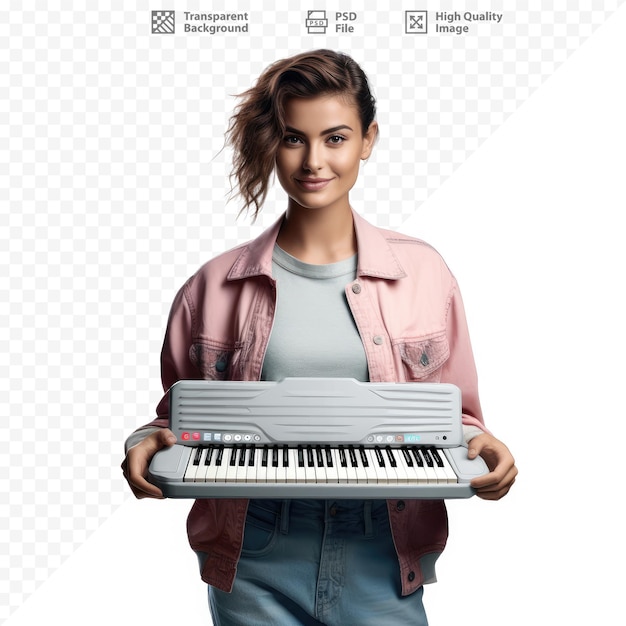 PSD een vrouw die een pianotoetsenbord vasthoudt met de woorden quot het woord quot erop