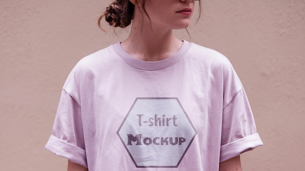 een vrouw die een roze shirt draagt die t-shirt mockup