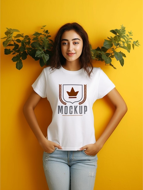 Een vrouw draagt een mockup-ontwerp met een wit t-shirt