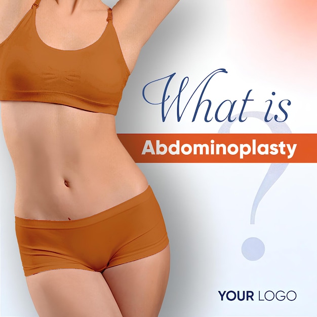 Een vrouw in een bikini adverteert een logo voor een modemerk abdominoplastie operatie psd