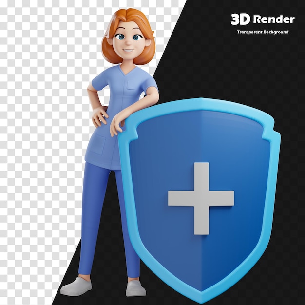 een vrouw in een blauw shirt staat naast een schild met een kruis erop