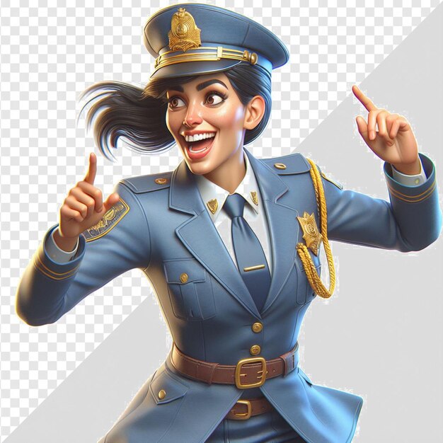 een vrouw in een blauw uniform met een teken dat zegt dat ze wijst