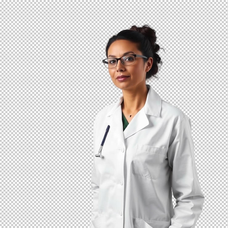 PSD een vrouw in een labjas staat voor een witte achtergrond