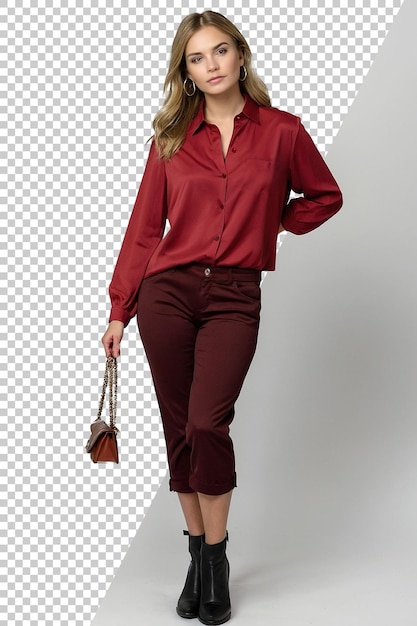 een vrouw in een rood shirt met een handtas op haar schouder