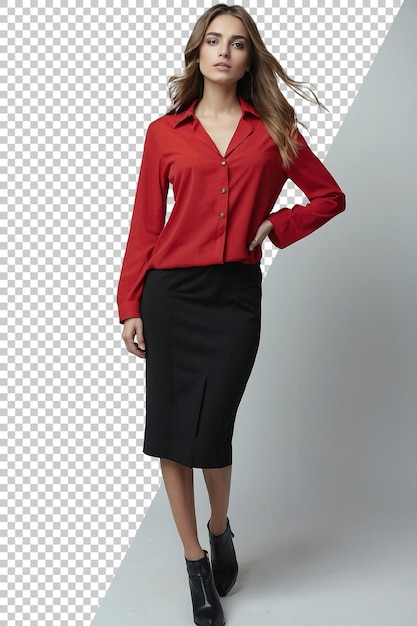 een vrouw in een rood shirt staat voor een grijze achtergrond