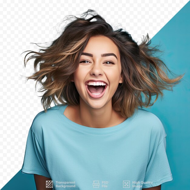 PSD een vrouw met een blauw shirt waarop 'het woord' staat.