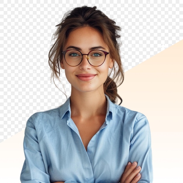 een vrouw met een bril en een blauw shirt staat voor een rooster dat zegt dat ze een bril draagt