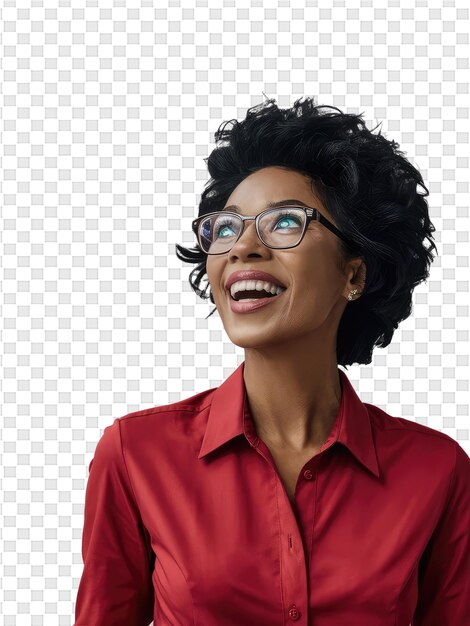 PSD een vrouw met een bril en een rood shirt met de woorden shes een gelukkige vrouw