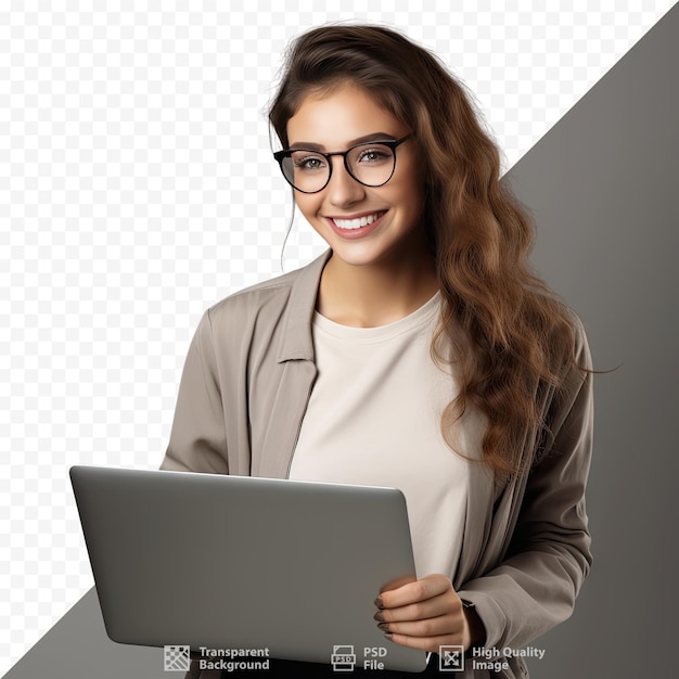 Een vrouw met een bril houdt een laptop vast met de woorden 'natuurlijk' erop.