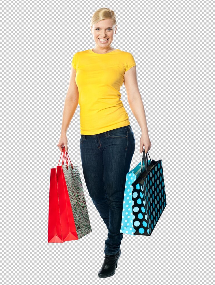 PSD een vrouw met een geel shirt draagt boodschappenzakken