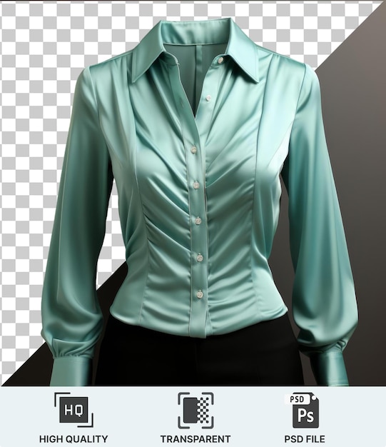 PSD een vrouw met een groen hemd en zwarte broek staat voor een grijze muur met een zilveren en witte knop