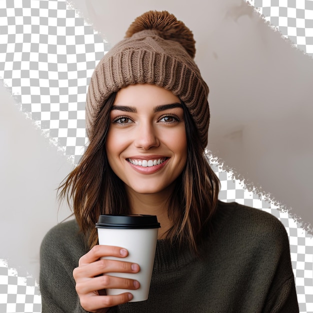 Een vrouw met een kop koffie en een foto van een vrouw met een koffie.