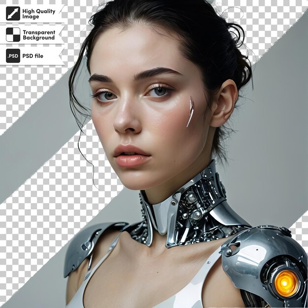 een vrouw met een robot gezicht en een bord dat zegt robot