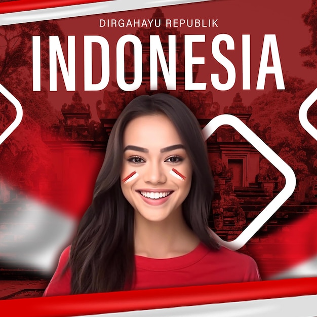 Een vrouw met een rood shirt waarop Indonesië staat