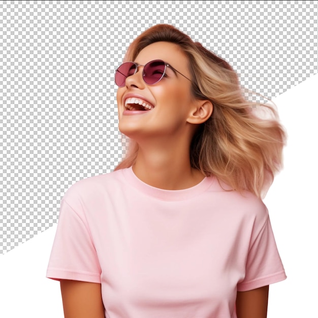 PSD een vrouw met een roze shirt die zegt dat ze een zonnebril draagt.