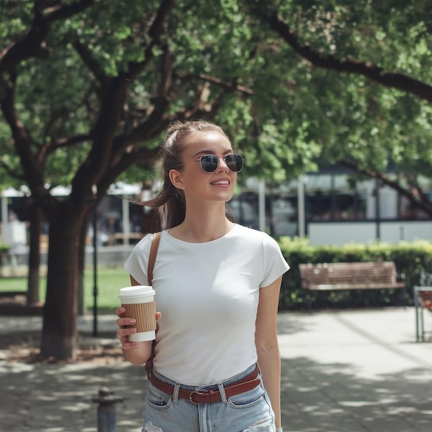 een vrouw met een wit shirt en blauwe spijkerbroek loopt in een park