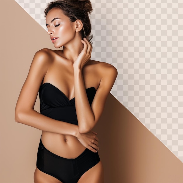 een vrouw met een zwarte bikini top en een witte achtergrond met een foto van een vrouw