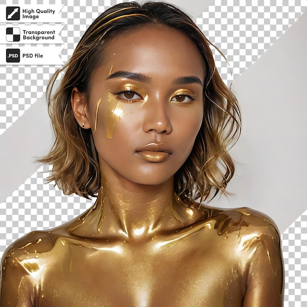 PSD een vrouw met gouden huid en gouden glitter op haar gezicht