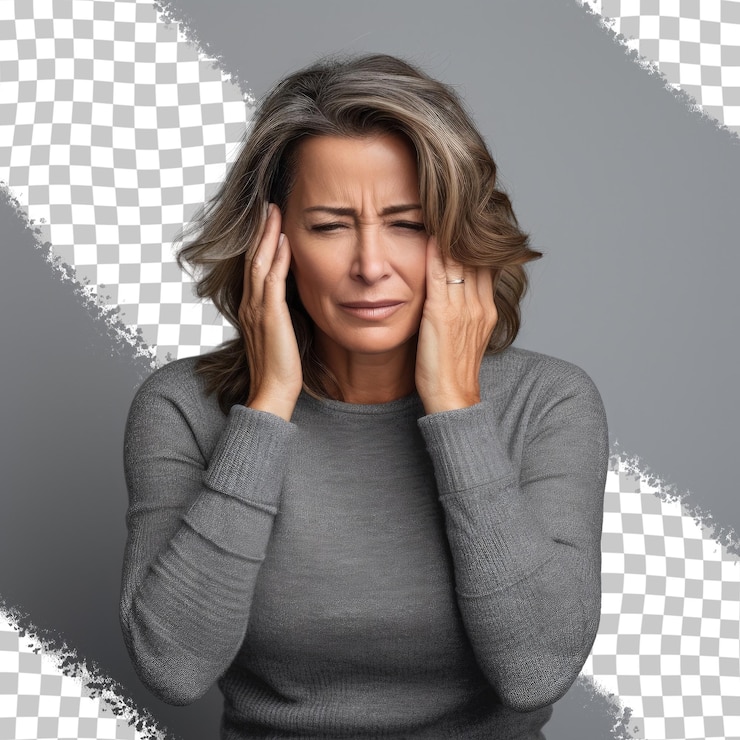 PSD een vrouw met haar hand op haar hoofd houdt haar hoofd vast.