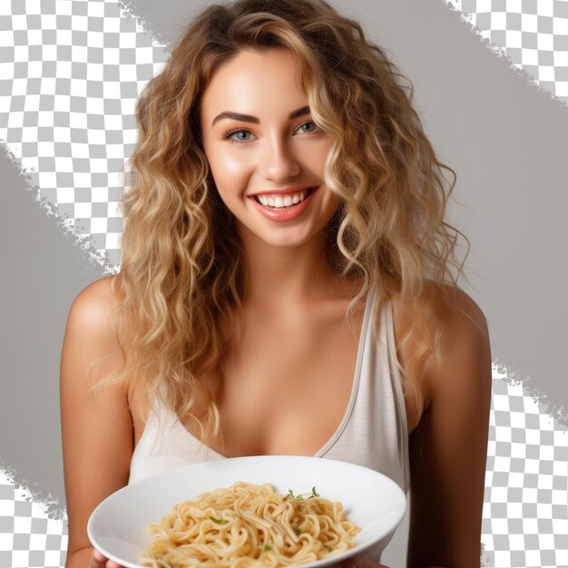 PSD een vrouw met krullend haar houdt een bord spaghetti en een bord spagetti vast.