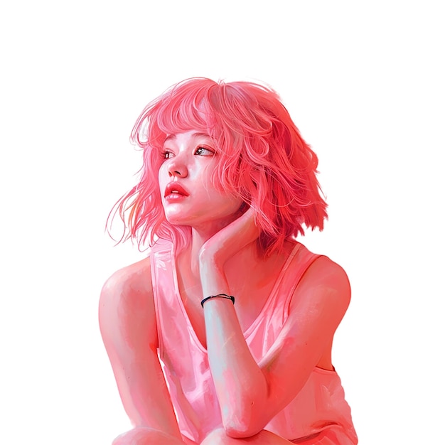 een vrouw met roze haar zit voor een witte achtergrond