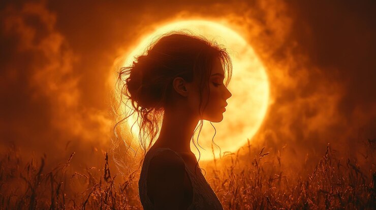 PSD een vrouw staat in een veld met een volle maan achter haar haar silhouet wordt verlicht door de maan warme gloed