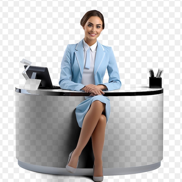 PSD een vrouw zit aan een bureau met een laptop en een papieren houder