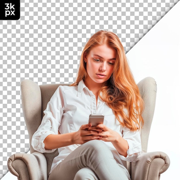 een vrouw zit in een stoel met een telefoon op haar schoot
