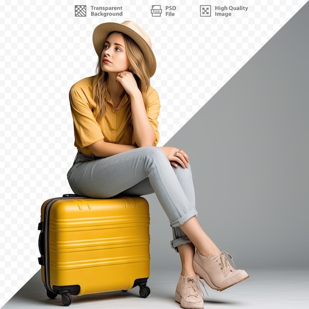 PSD een vrouw zit op een gele koffer met daarop een afbeelding van een vrouw.