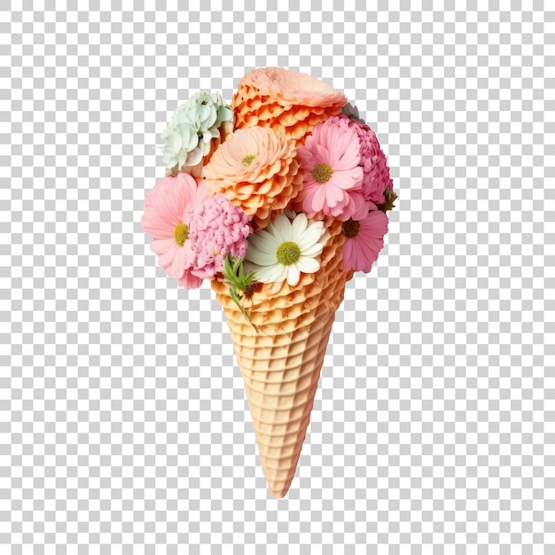 Een wafelkegel met een mooi boeket bloemen op een transparante achtergrond