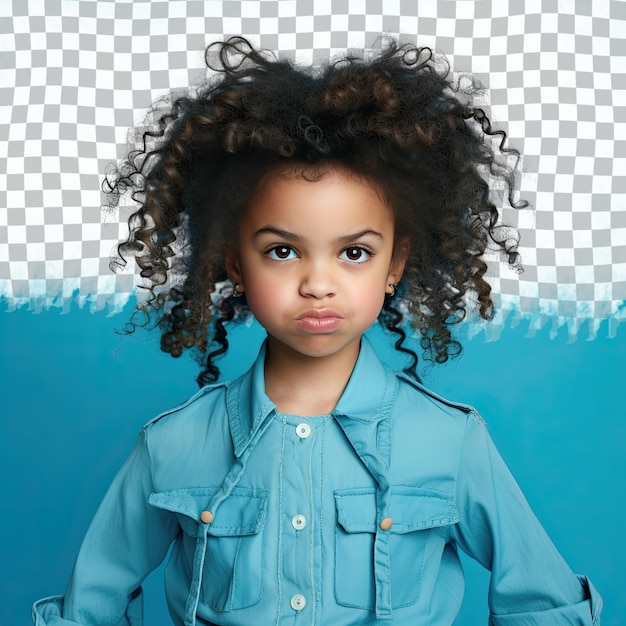 PSD een walgelijk kind met kinky haar van de pacific islander etnische groep gekleed in een slotenmaker kleding poseert in een eyes downcast met een smile stijl tegen een pastel blauwe achtergrond