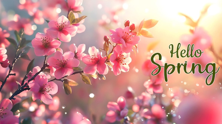 PSD een waterverf schilderij van roze bloemen en de woorden lente