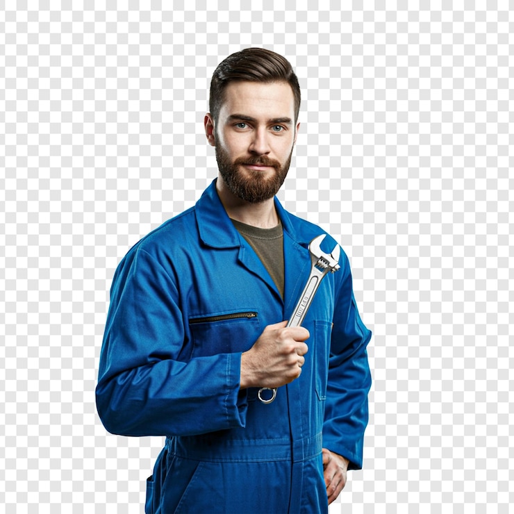 PSD een werknemer in blauw uniform met een sleutel geïsoleerd op een transparante achtergrond