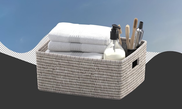 PSD een wicker mand met een fles lotion en een paar andere items.