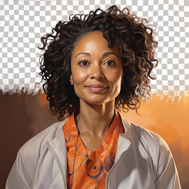 PSD een wijselijke vrouw van middelbare leeftijd met golvend haar van de afro-amerikaanse etniciteit gekleed in anesthesist kleding poseert in een looking over the shoulder stijl tegen een pastel tangerine backg