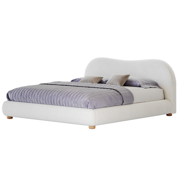 Een wit bed met een paars dekbed en kussens het bed is ongemaakt en heeft een casual ontspannen sfeer