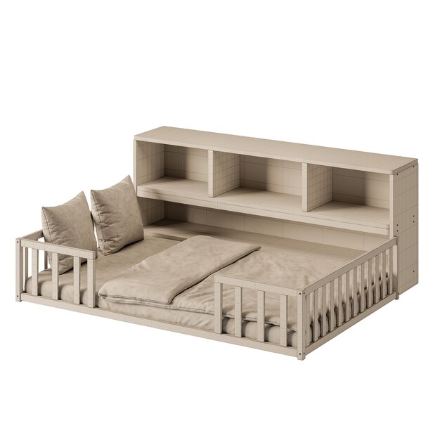 Een wit bed met een wit hoofdbord en een wit nachtkastje